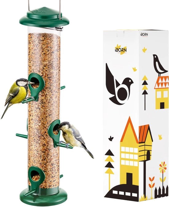 Pavimento per uccelli, Casello per uccelli appeso, Stazione di alimentazione per uccelli metallica con 6 accessi, Stazioni di alimentazione per uccelli selvatici, Colonna di alimentazione, Cassetto di alimentazione, 38 cm, Verde, 1 pezzo