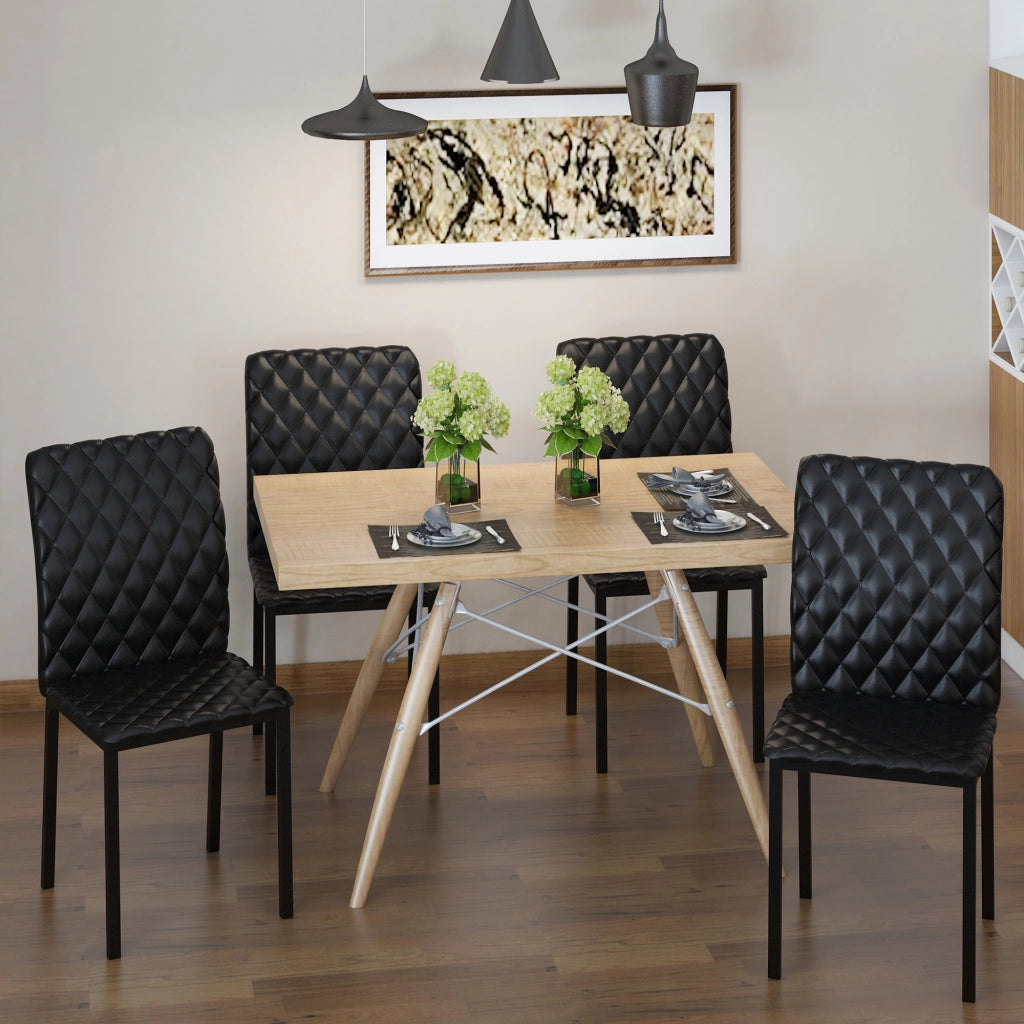 Set 4 Sedie da Pranzo in Finta Pelle con Cuciture a Rombi e Gambe in Metallo, Nero