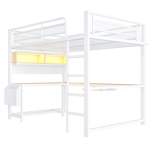 Letto a soppalco con scrivania 140x200 cm LEMONMAX, LED 7 colori, 2 prese e 2 USB, mensole, struttura in metallo, bianco
