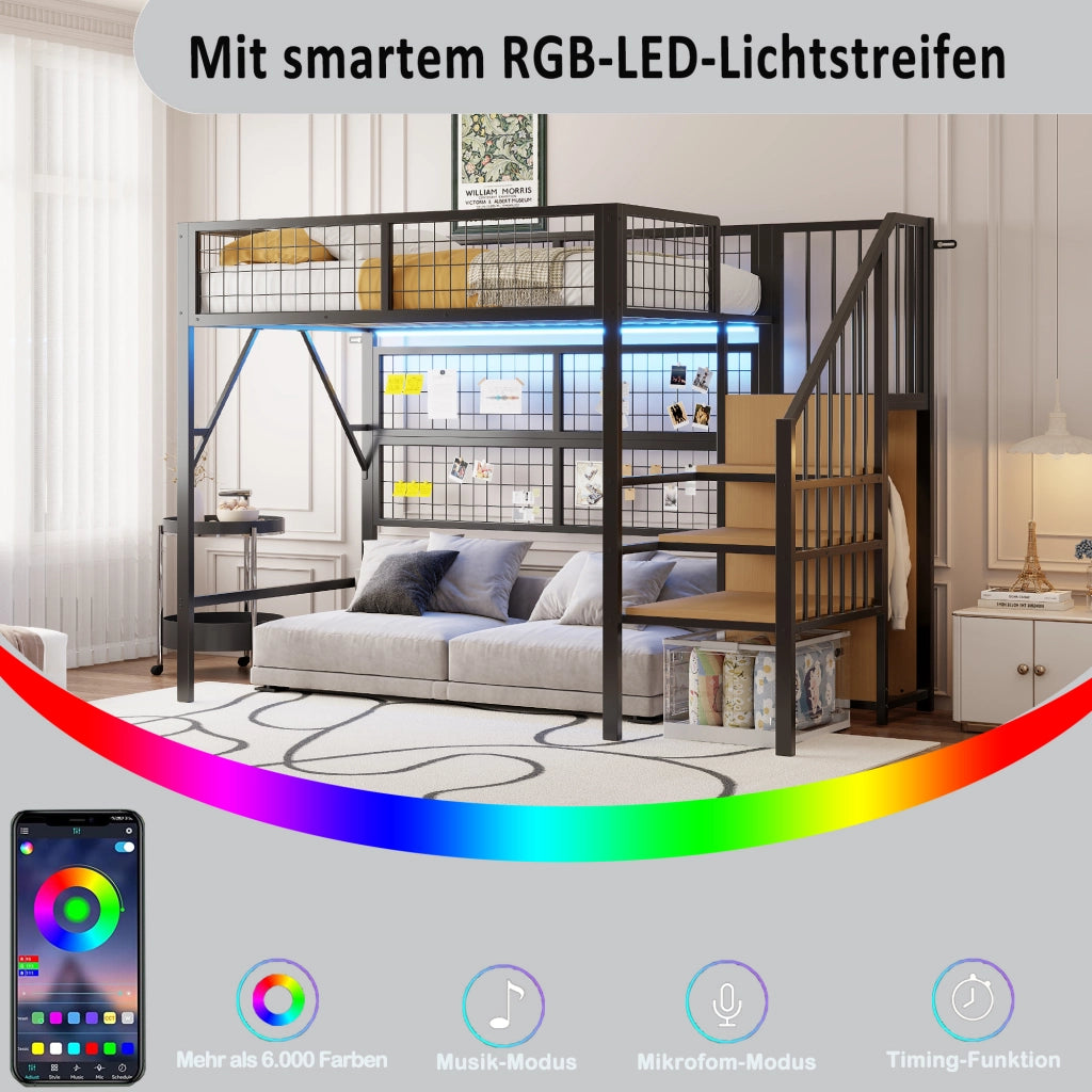 OKWISH Letto a soppalco 90×200 cm, Letto Singolo con LED controllato da app, scala contenitore e guardaroba aperto, senza Materasso, Nero