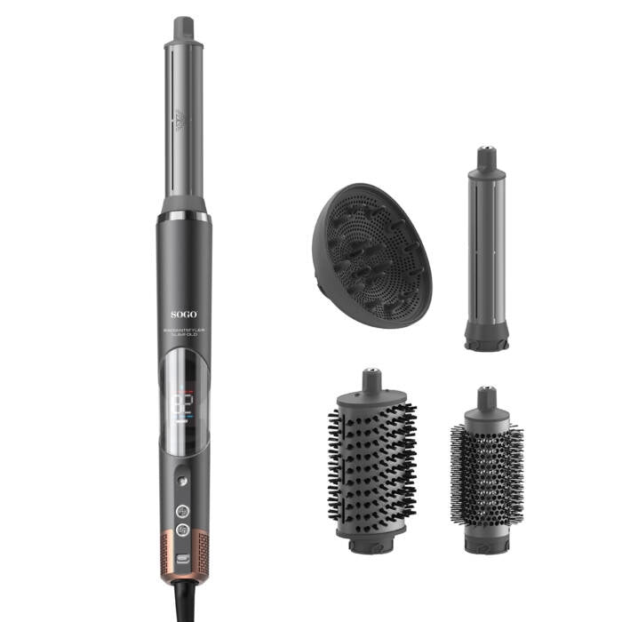 Styler capelli 5 in 1 con aria calda 1400W, 5 accessori intercambiabili e display LED, arriccia asciuga e modella - Sogo