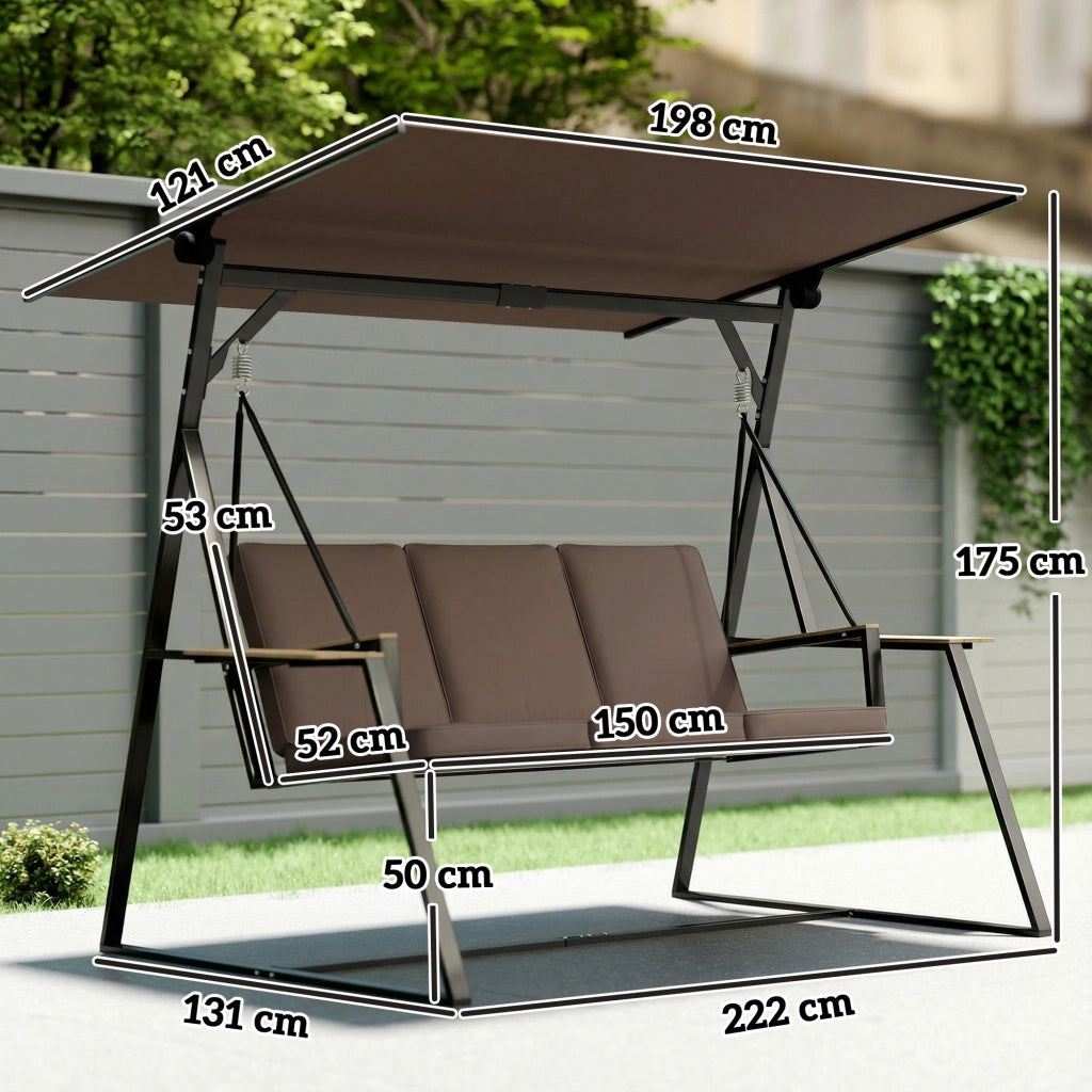 Dondolo da Giardino 3 Posti con Tettuccio Regolabile, Dondolo da Esterno in Metallo con Vassoi Porta Bicchieri, Cuscini Imbottiti, Portata 360kg, per Terrazzo Balcone, 222x131x175 cm, Marrone