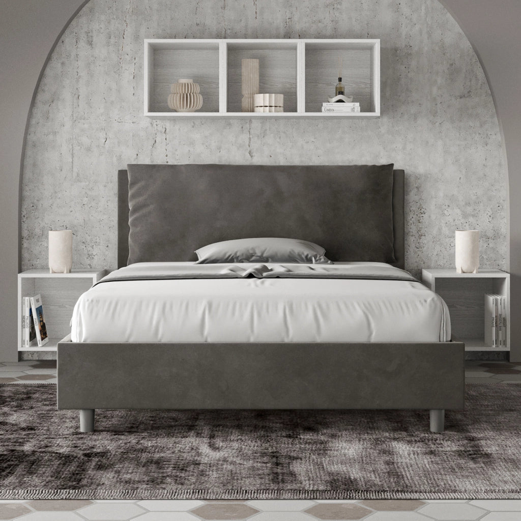 BS COM Letto matrimoniale francese contenitore imbottito 140x190 microfibra grigio Large