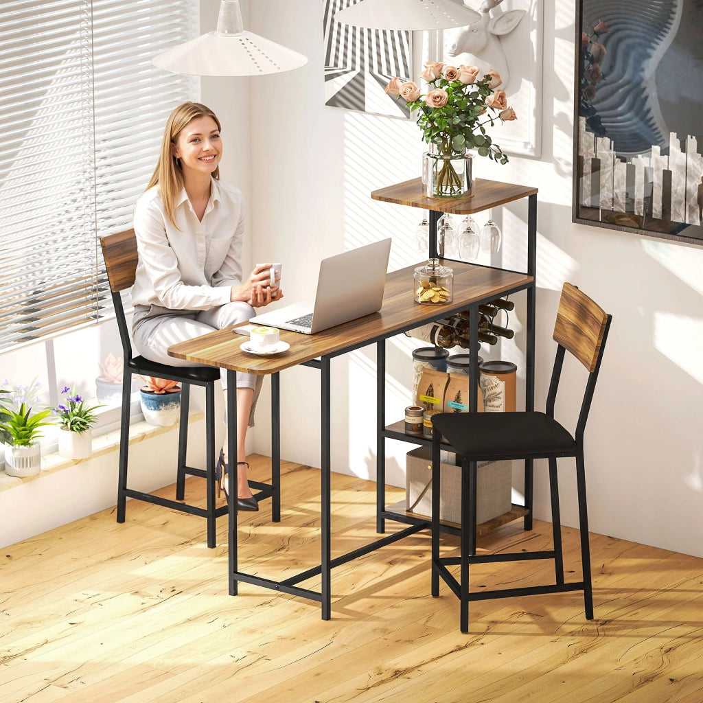 Set Tavolo da Pranzo Pieghevole con Portabottiglie e 2 Sgabelli ¨C Xylo ¨C Metallo Nero Legno Marrone