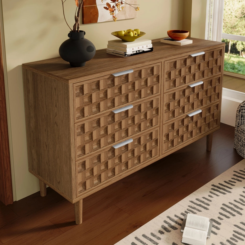 Credenza e madia con 6 cassetti; stile rétro; per soggiorno e ingresso; in MDF effetto rovere; 120 × 37 × 77 cm