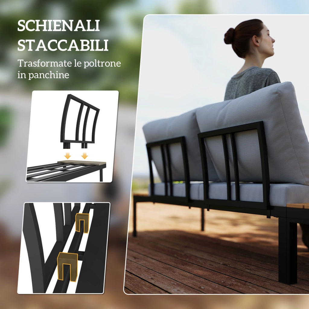 Set da Giardino 4 Pezzi con 2 Divanetti 2 Posti e 2 Tavolini in Metallo e Legno Composito, Grigio Nero e Teak