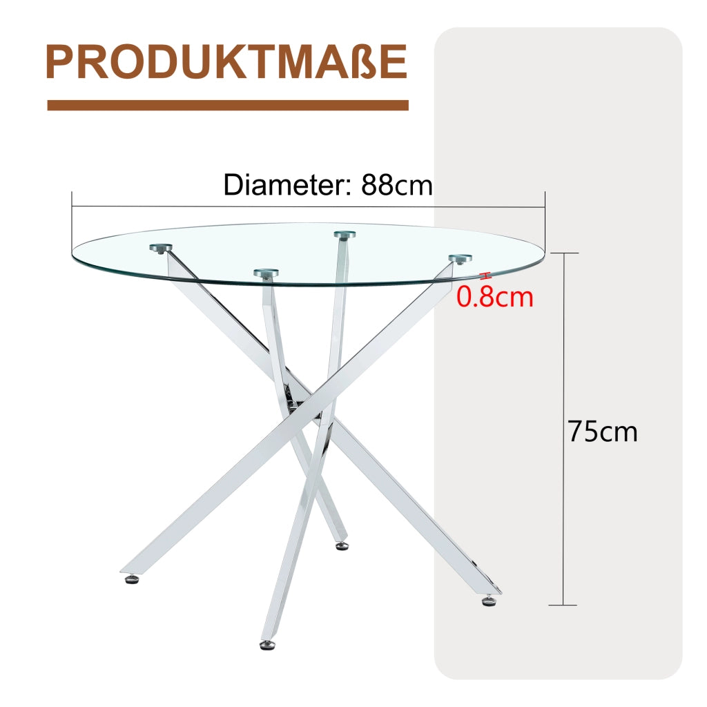 Tavolo da pranzo per 2-4 persone con piano rotondo in vetro temperato e struttura in metallo per cucina 88 cm argento