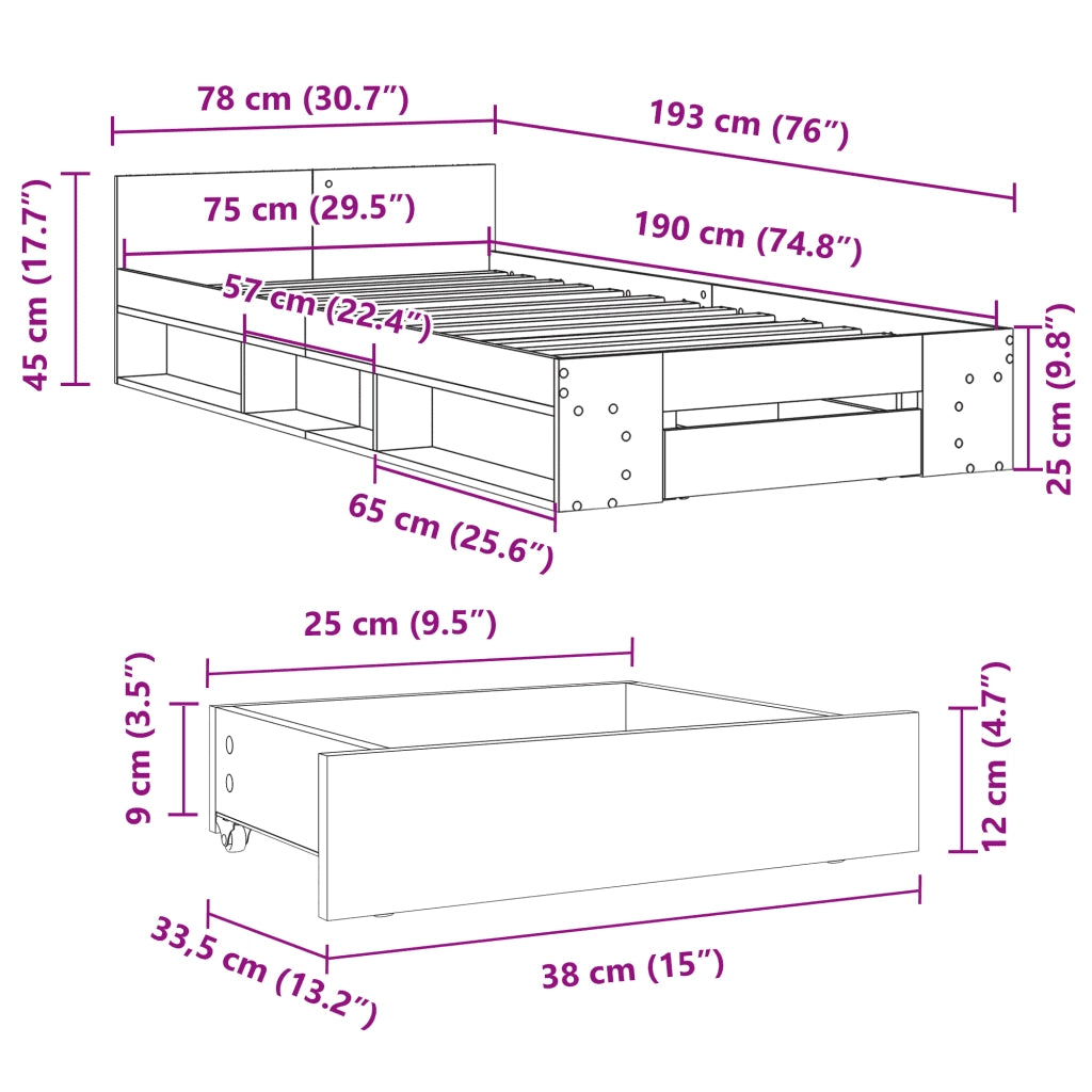 Letto singolo | Letto per adulti | Giroletto con Cassetto Nero 75x190 cm in Legno Multistrato