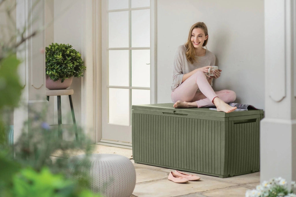 Cassapanca outdoor Burlington, Baule da giardino, Contenitore da esterno, Panchina contenitore da esterno, 123x54 h57 cm, Verde
