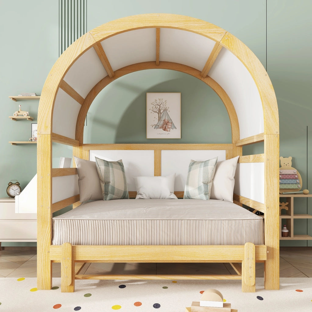 Letto a baldacchino estraibile legno massello e MDF bianco naturale 140x200 cm