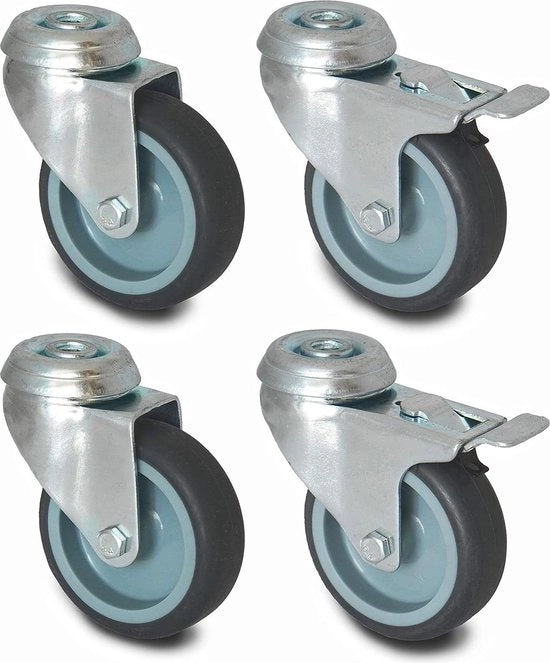 Set di 4 gomiti di sterzatura 75mm fissaggio a vite singola - gomma TPR - 2 frenati 2 sterzanti