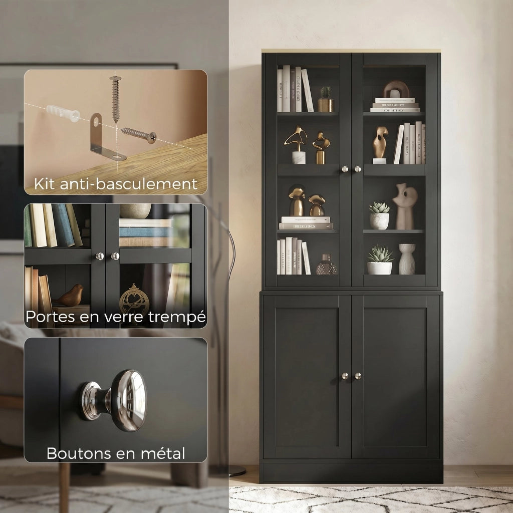 Libreria vetrina con 6 ripiani e 4 ante ¨C Minimal ¨C nero