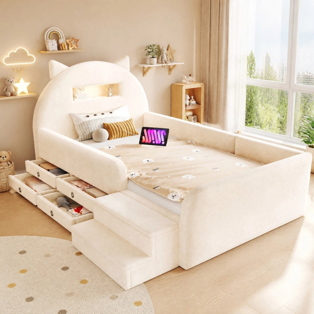 LETTO imbottito 90x200 cm con testiera a orecchie, velluto beige