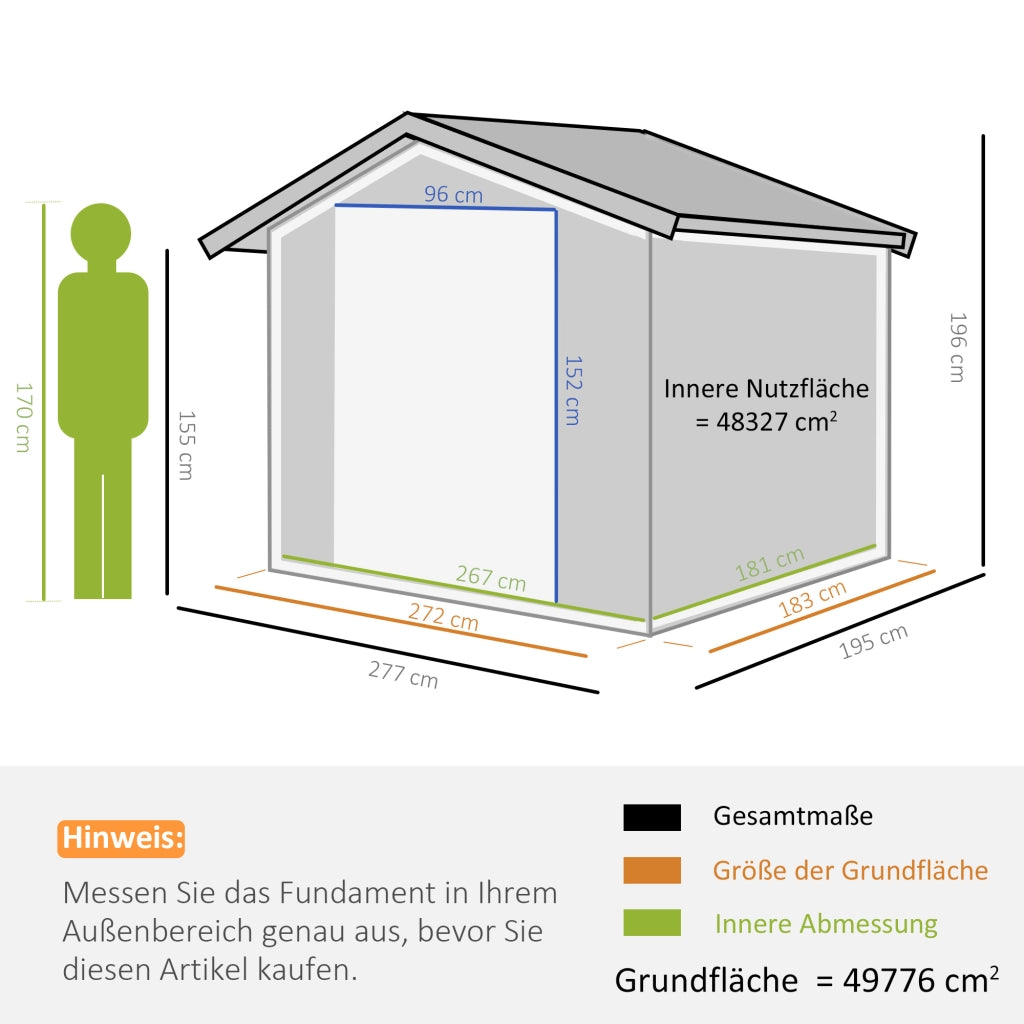 Casetta da giardino in metallo con base, resistente alle intemperie, grigia, 277x195x192 cm, ideale per riporre attrezzi e oggetti da giardino.