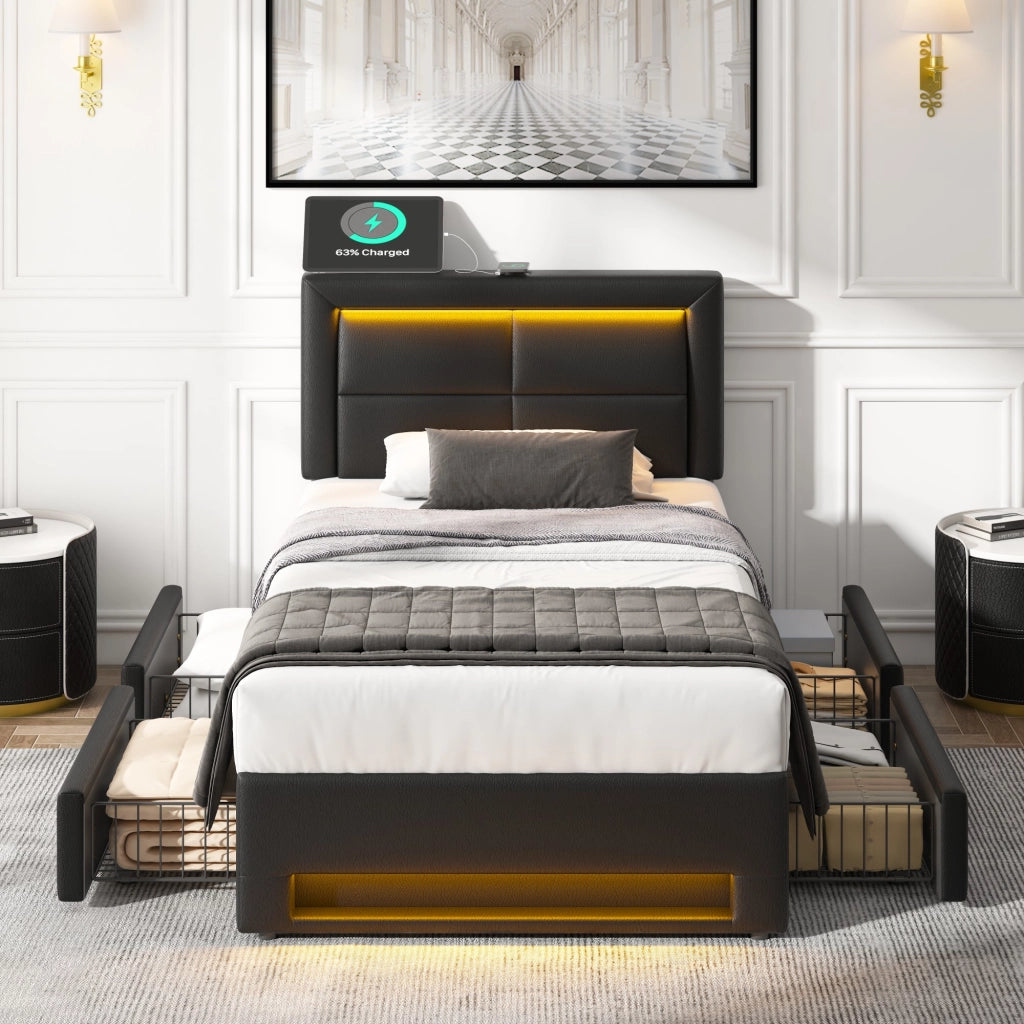 LETTO imbottito 90x200 cm nero in PU con USB, LED e 4 cassetti