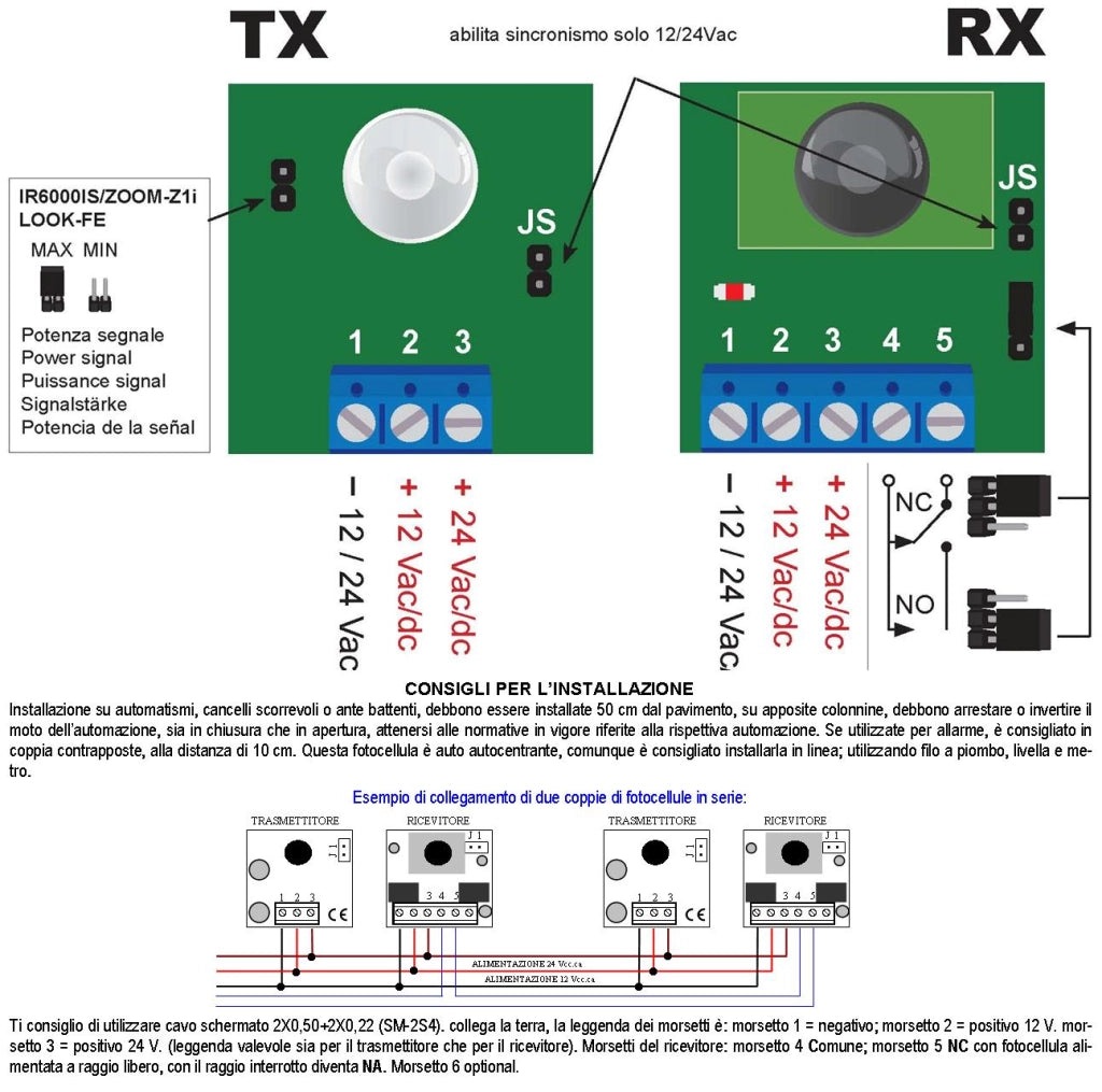 Fotocellule TX e RX da Incasso Sicurezza e Controllo Cancello Elettrico Automatico Portata 20 Metri Montaggio a Parete Oppure su Palina Alimentazione 12/24 Vac