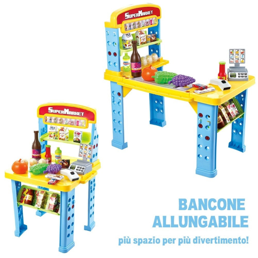 Trade Shop - Playset Supermercato Giocattolo Bambini Banco Estensibile Luci Suoni Accessori -