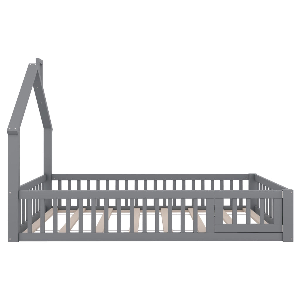 Letto a casetta con camino; recinzione di sicurezza e doghe; pino e MDF; grigio; 90x200 cm; senza materasso