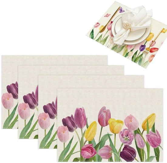 Tavoliere per tavola da pranzo, 4 pezzi, tulipani rosa, lavabile, decorazione da tavola 45 x 30 cm, stile lino, tavoliere per tavola da pranzo, festa, matrimonio.