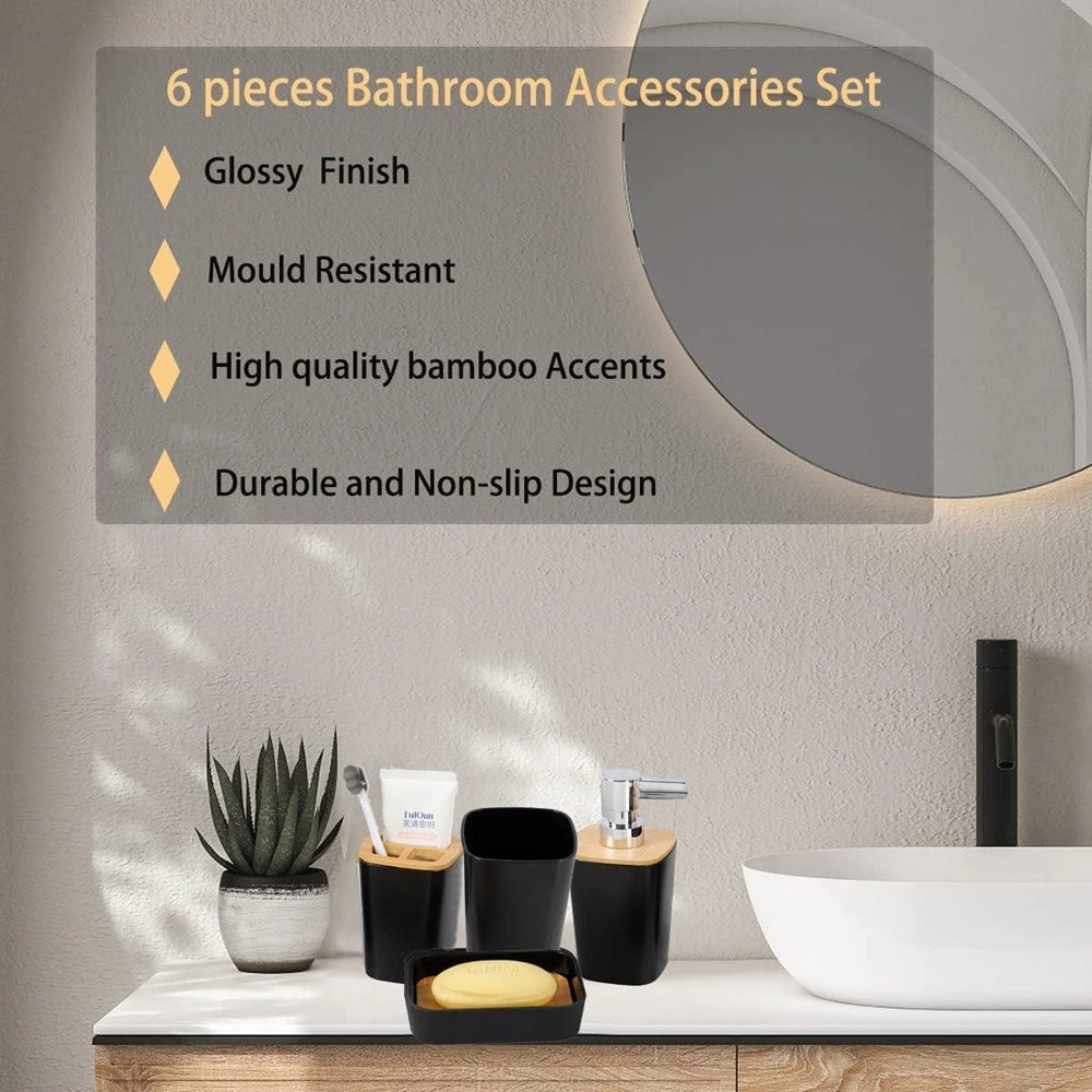 Trade Shop - Set Accessori Bagno In Bambù 6 Pz Moderno Bidone Spazzatura Portasapone Dispenser - Nero