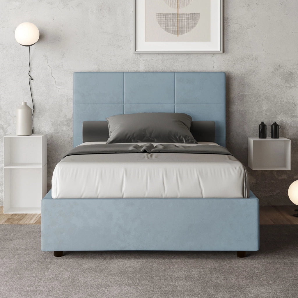 BS COM Letto una piazza e mezza con rete imbottito 120x190 microfibra azzurro