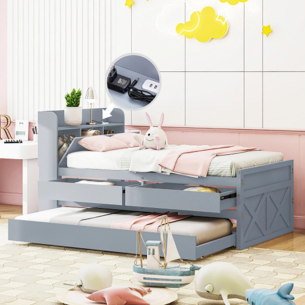 Letto singolo in legno massello di pino - Xylo - 90x190 - Grigio - 2 cassetti e USB
