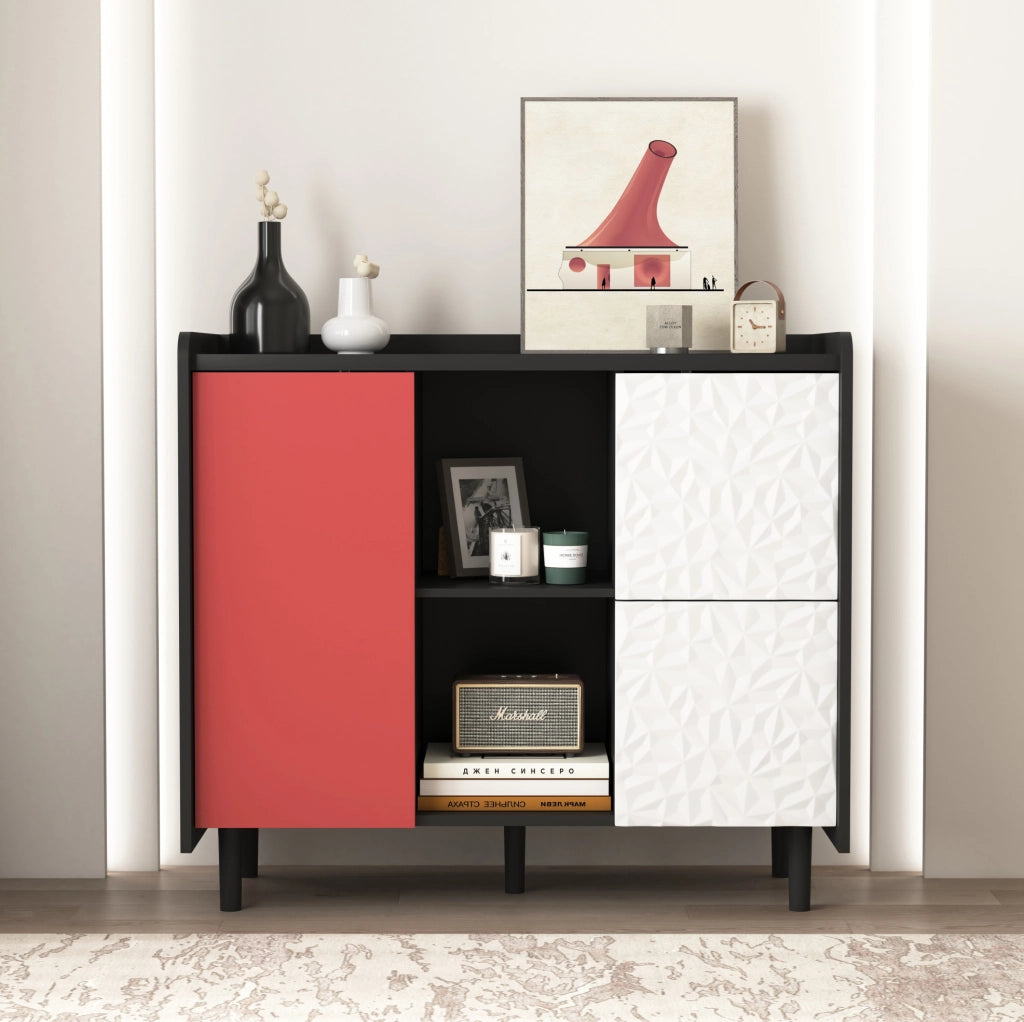 Credenza sideboard con 2 cassetti e vano aperto; 90x40x80 cm; MDF nero e rosso