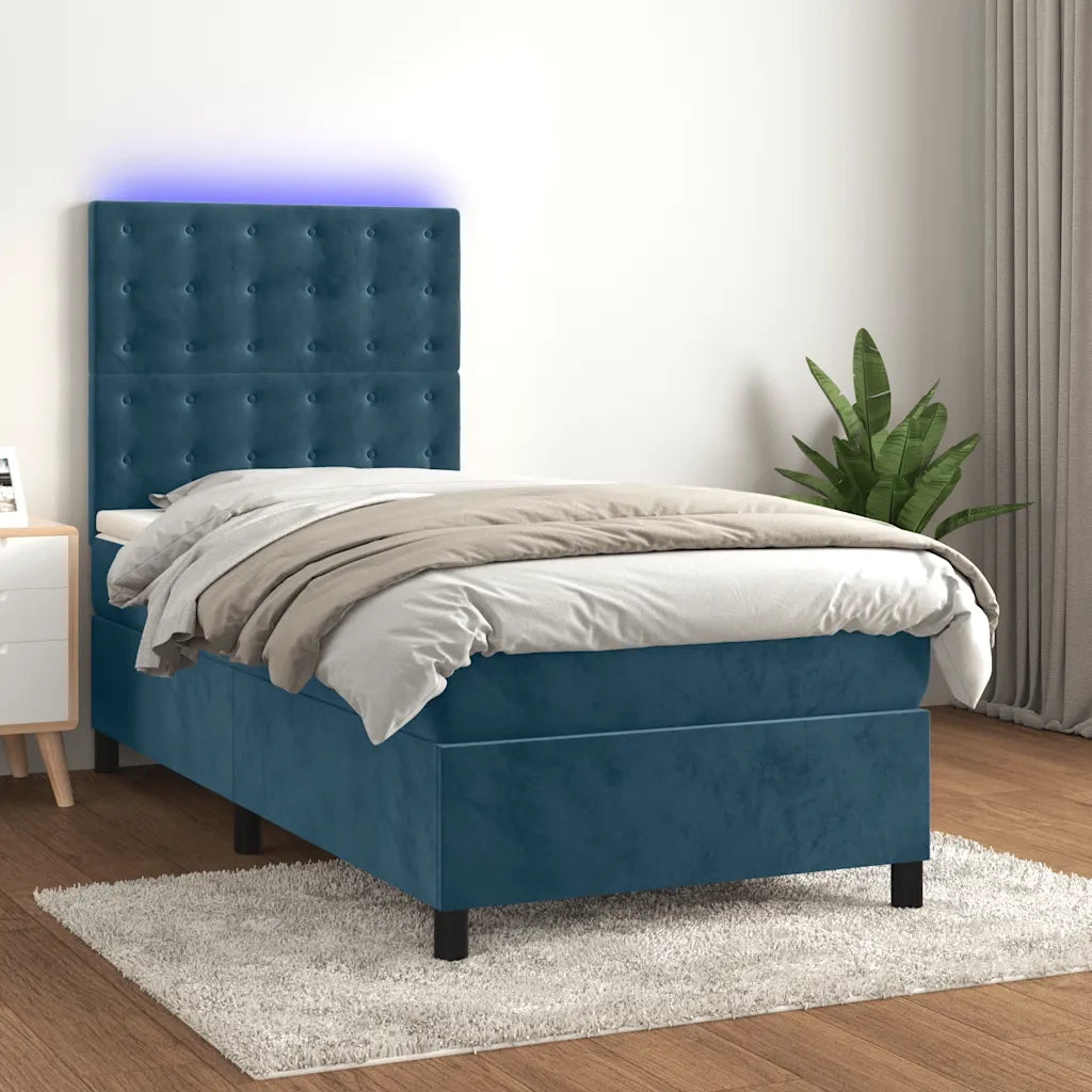 Letto singolo | Letto per adulti | Letto a Molle con Materasso e LED Blu Scuro 80x200cm in Velluto