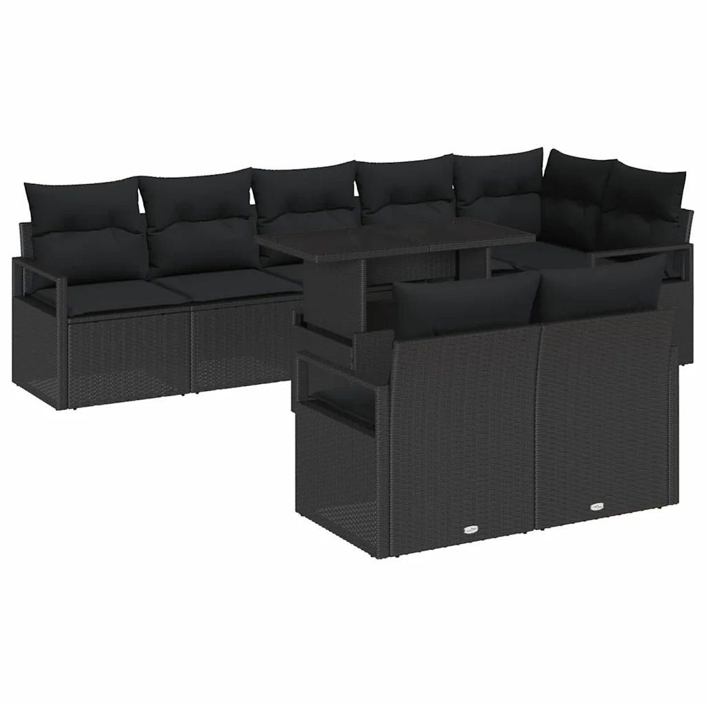 Set Divano da Giardino con cuscino 9 pcs Nero polyrattan