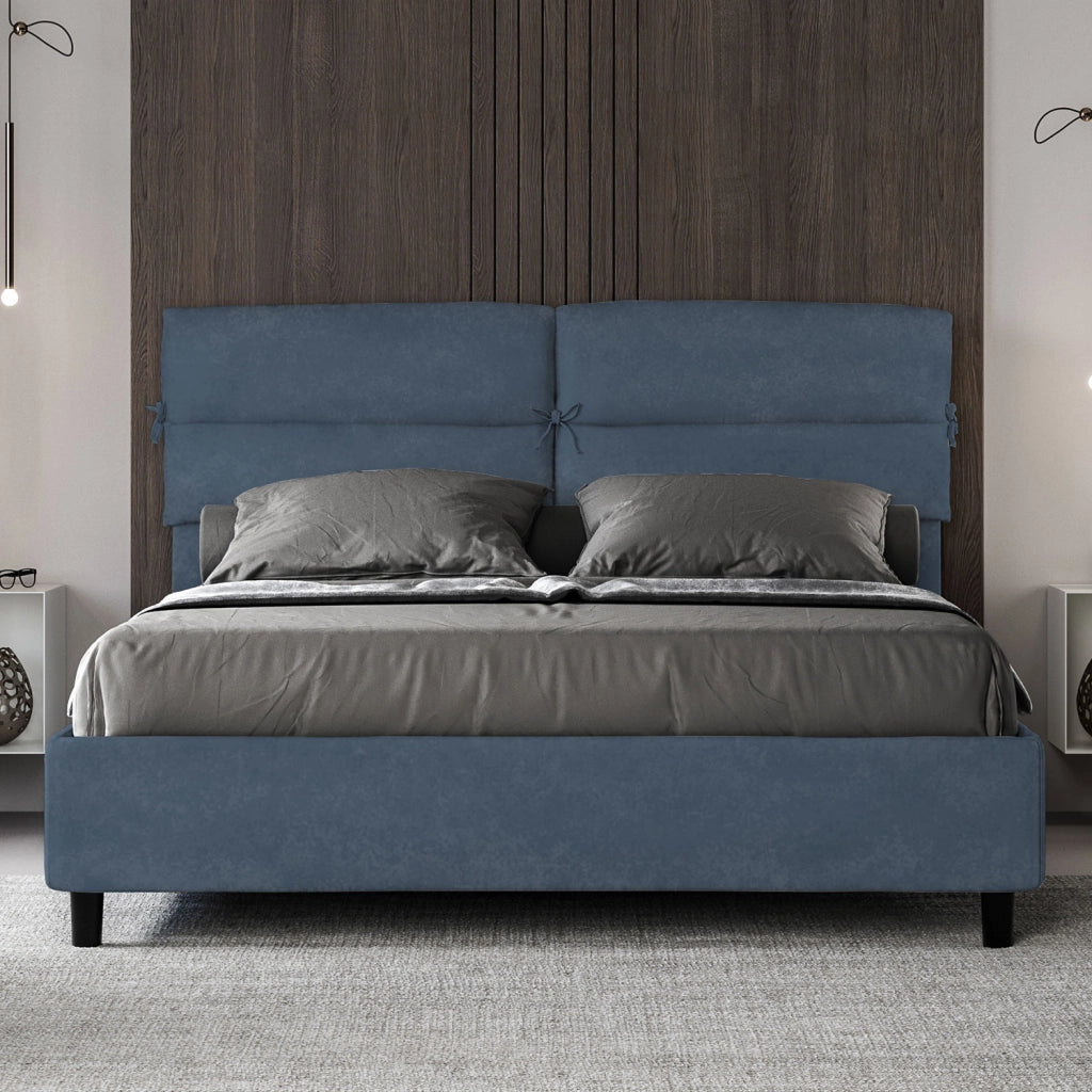 BS COM Letto matrimoniale con rete imbottito 160x200 microfibra blu