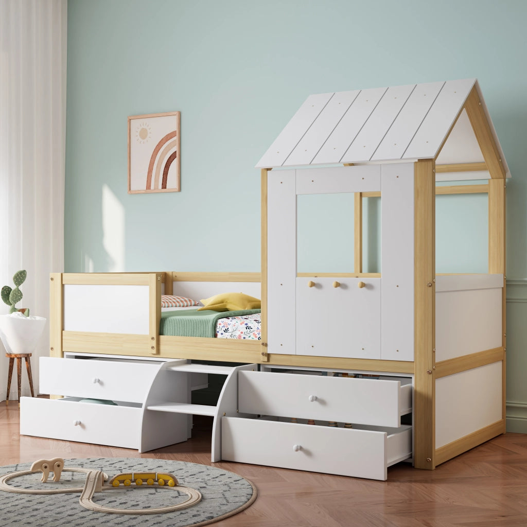 OKWISH Letto a Casetta 90×200 cm, Letto Singolo con 4 Cassetti, Scaletta e Spondine, senza Materasso, in Legno, Bianco e Naturale