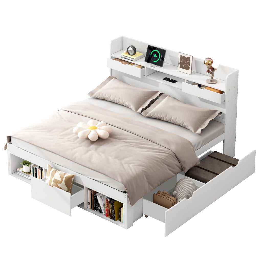 Letto matrimoniale multifunzione 140x190 cm per bambini e ragazzi con USB; cassetti e ampio vano portaoggetti; bianco