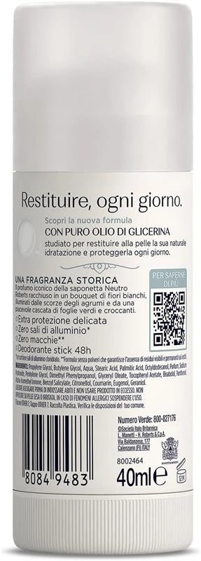 NEUTRO ROBERTS DEODORANTE DELICATO STICK EXTRA PROTEZIONE DELICATA ZERO SALI DI ALLUMINIO ZERO MACCHIE 40 ML 48H
