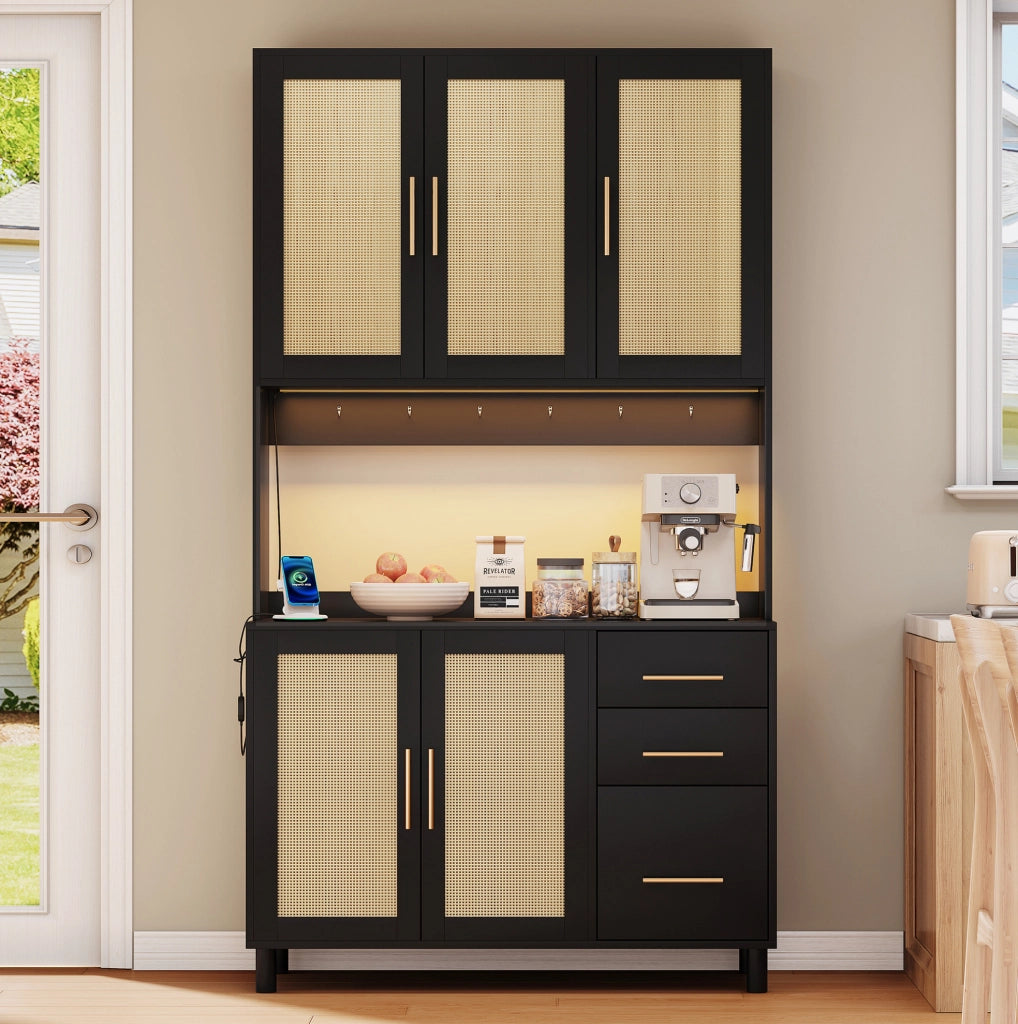 Credenza con LED controllabile da app in rattan; MDF; nero