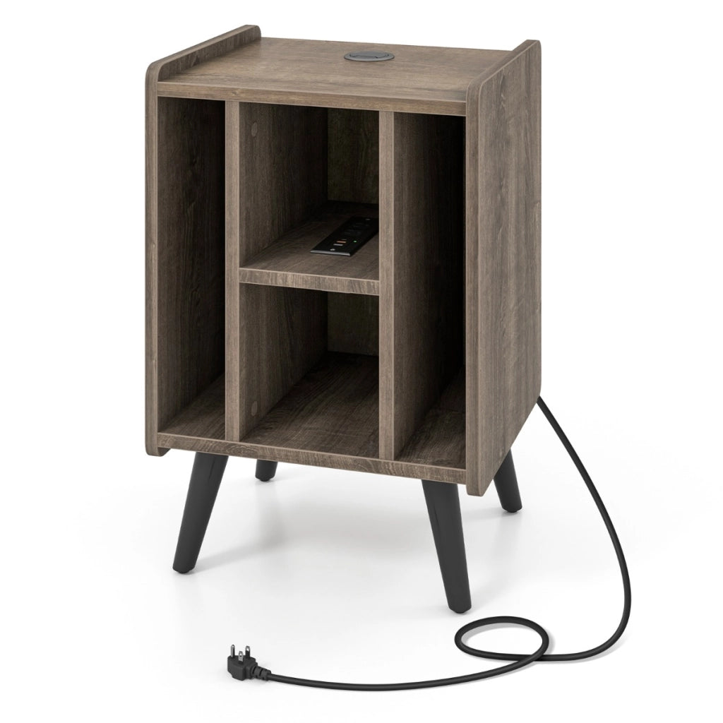 Supporto per giradischi con 4 ripiani aperti presa di corrente e porta USB-Porta vinili con mensole espositive Marrone