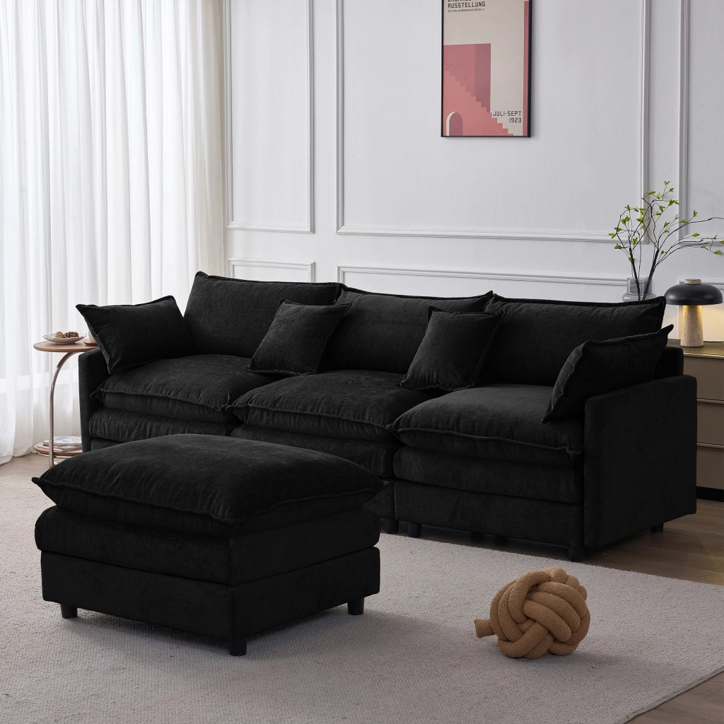 Divano angolare modulare 3 posti con pouf mobile e cuscini sfoderabili per soggiorno in chenille nero