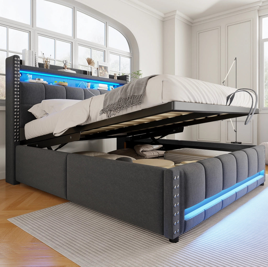 Letto imbottito 160x200 cm con LED, USB e vano contenitore
