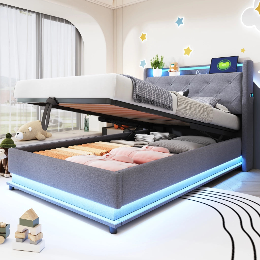 LETTO imbottito 90x200 cm con luci LED, porte USB e vano, grigio