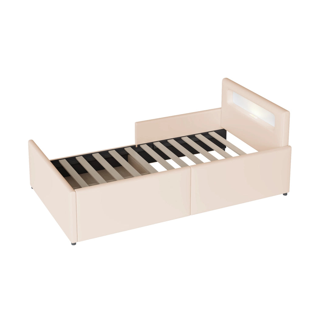DESMIU Letto per bambini singolo con cassetto, USB, luce notturna e vani, 90 × 200 cm, senza materasso, beige