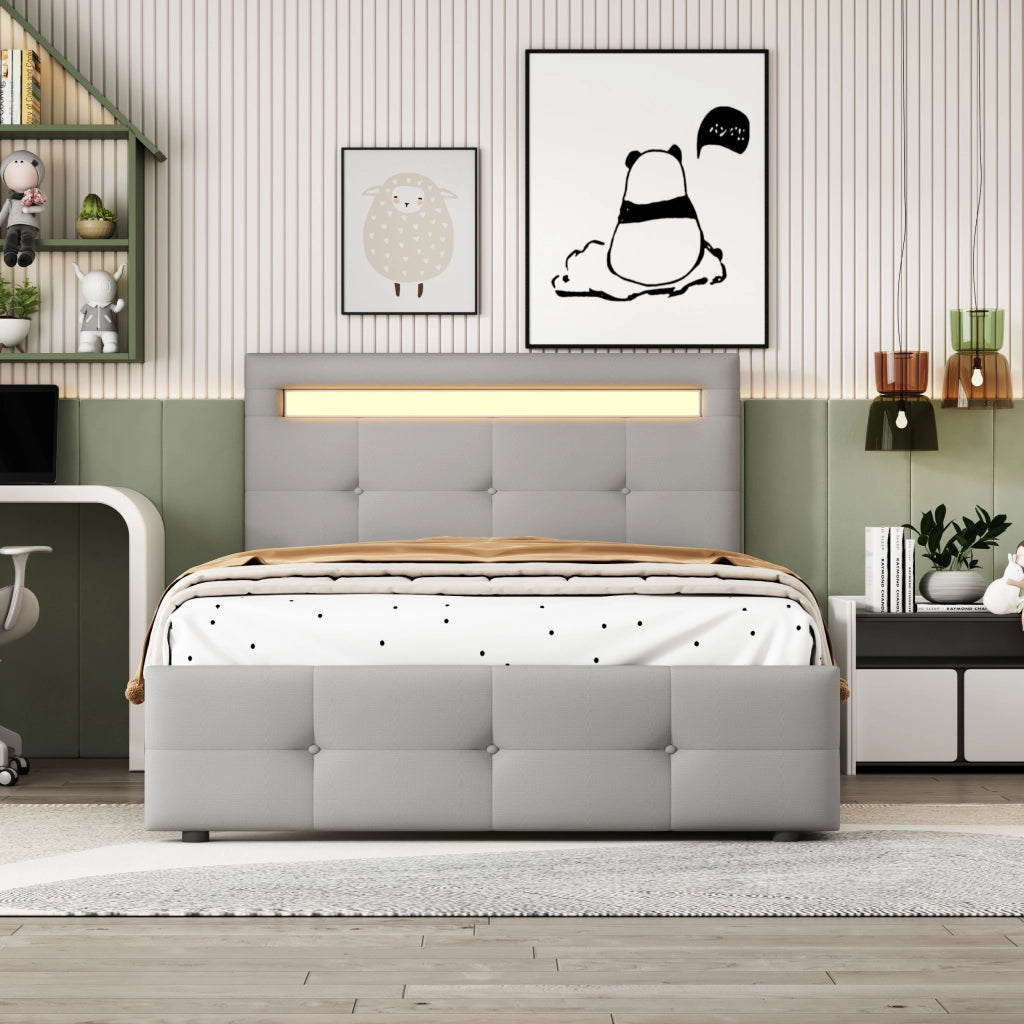 LETTO 90x200 cm con LED e 2 cassetti in tessuto grigio