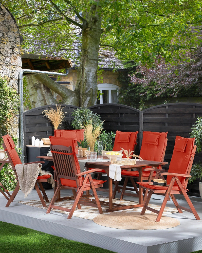 Set di 6 sedie da giardino in legno di acacia cuscino rosso regolabile pieghevole per esterni in stile rustico country
