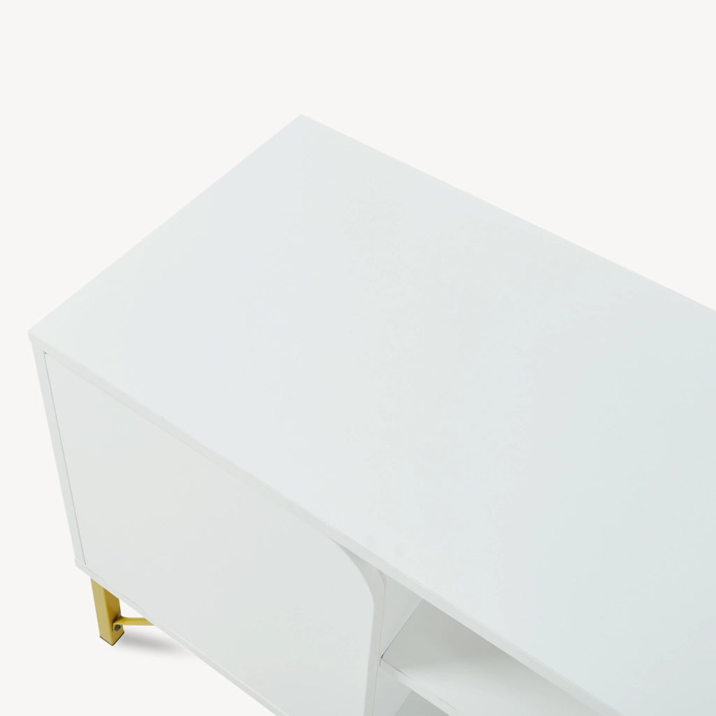Mobile Porta TV Reyri a 2 Ante e 2 Vani Aperti 120 x 39 x 52 cm - Bianco/Dorato [en.casa]