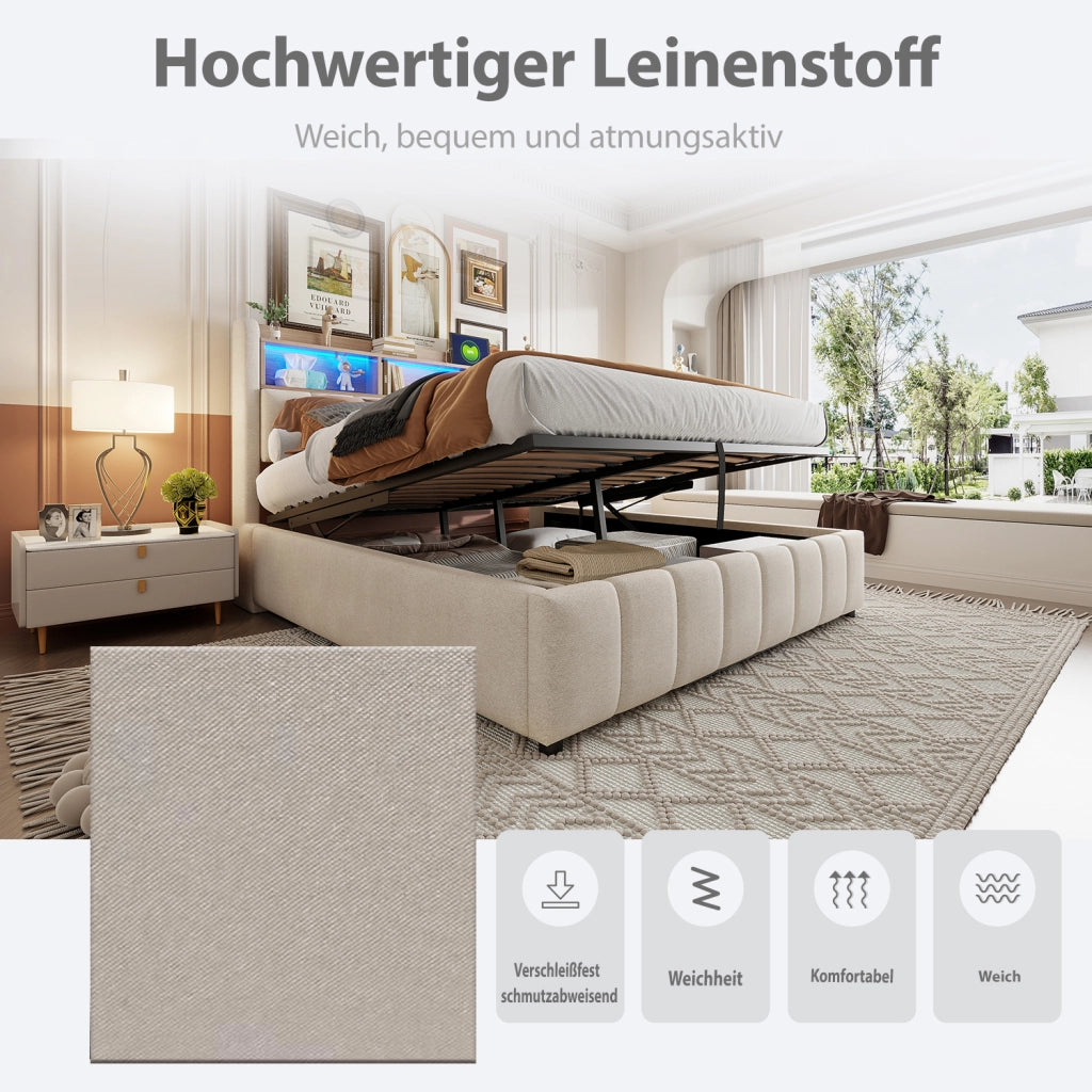 LETTO Imbottito 180x200 cm Beige con LED, USB e contenitore