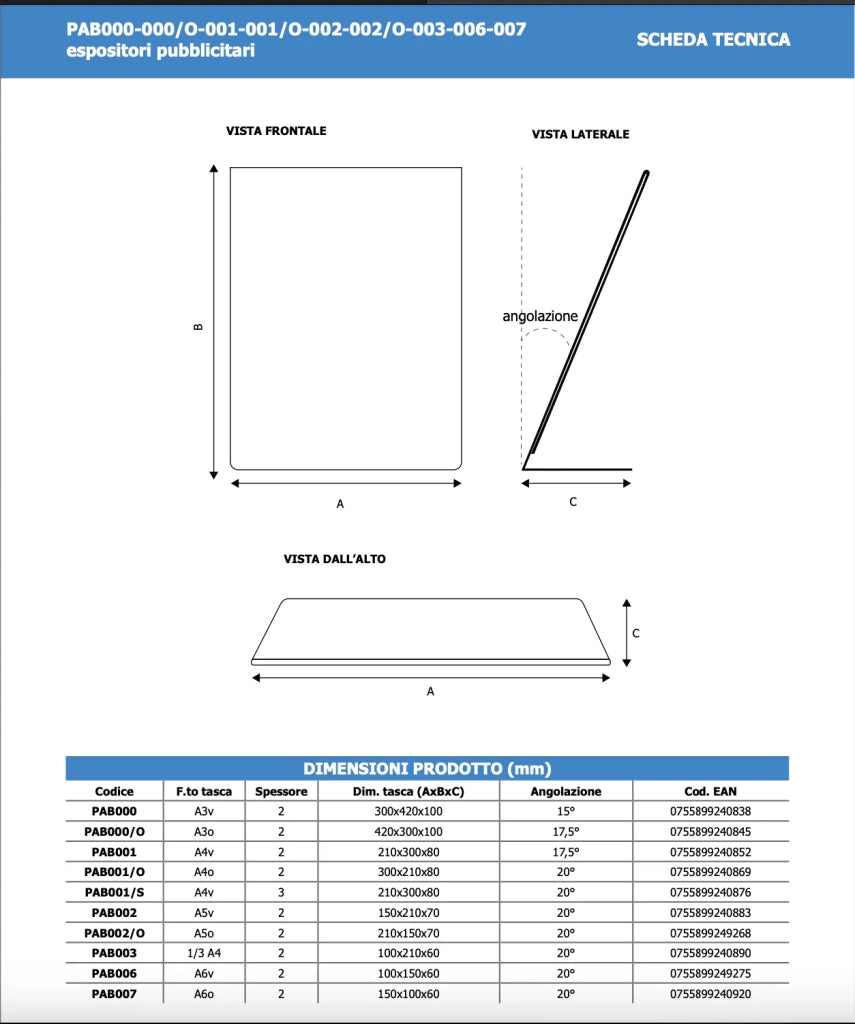 Porta avvisi da banco in Plexi con base a L Monofacciale - 1/3 A4