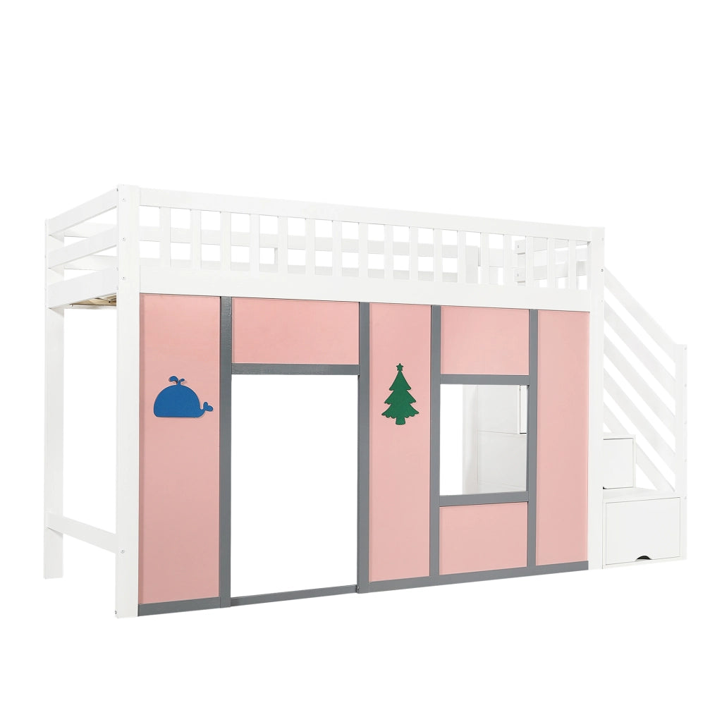 Letto a soppalco per bambini 90x200 cm bianco e rosa con scala contenitore e LED