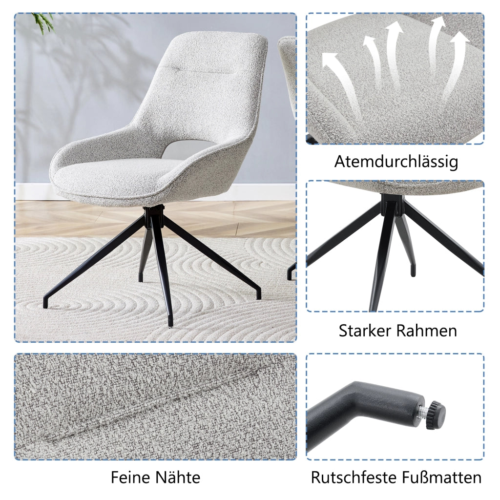 Sedia da pranzo girevole 360° con braccioli in tessuto strutturato e metallo nero grigio beige 80 × 47 × 56 cm