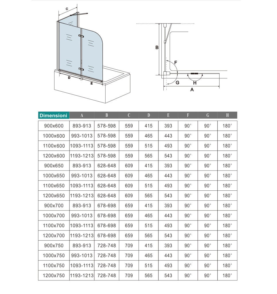 Parete Doccia 90xH.140cm Sopravasca Angolare 2 Ante Pieghevoli con Parete Laterale 65cm Vetro Temperato 6 mm Trasparente Anticalcare Nero Opaco