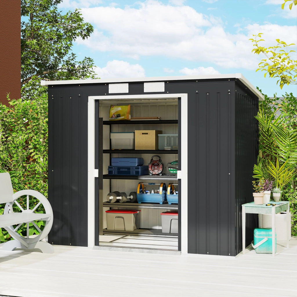 Capanno Attrezzi con Tetto Inclinato 213x130x172 cm 2 Ingressi e Prese d'Aria in Acciaio Grigio Scuro
