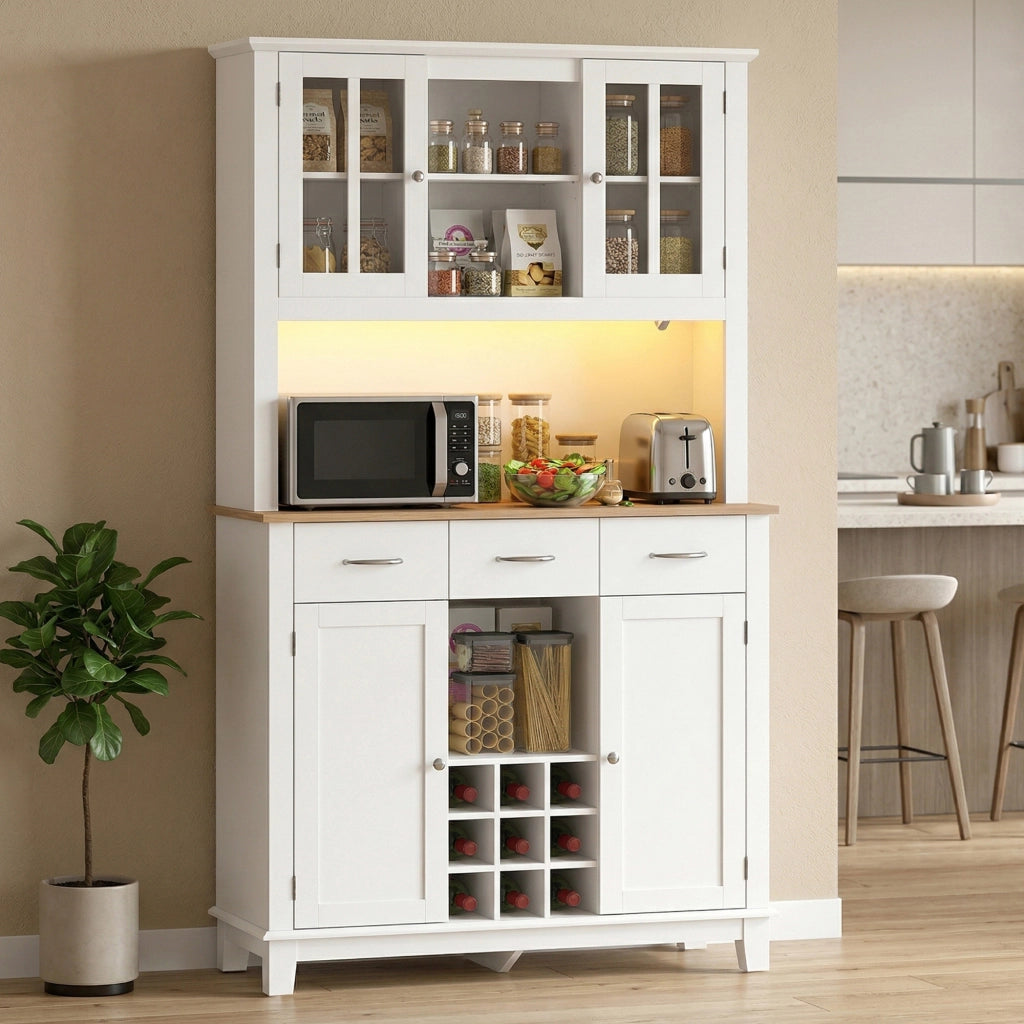 Buffet cucina con illuminazione LED ¨C zephmum ¨C bianco, vetro, ante, cassetti