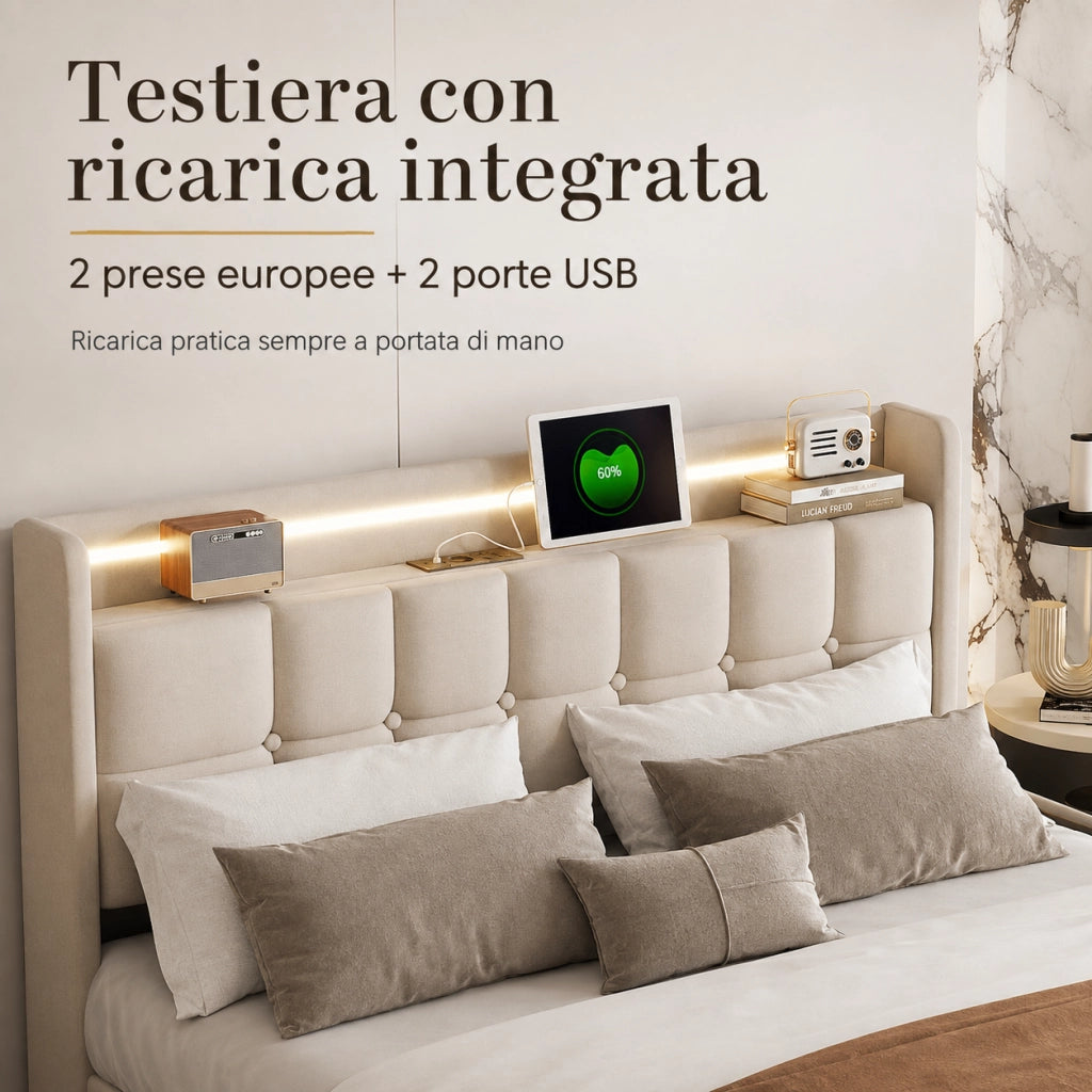 Letto matrimoniale 180x200 cm tessuto lino beige, testiera imbottita con luci RGB‑LED, porte USB, controllo app e telecomando, 4 cassetti contenitori su ruote, doghe in legno